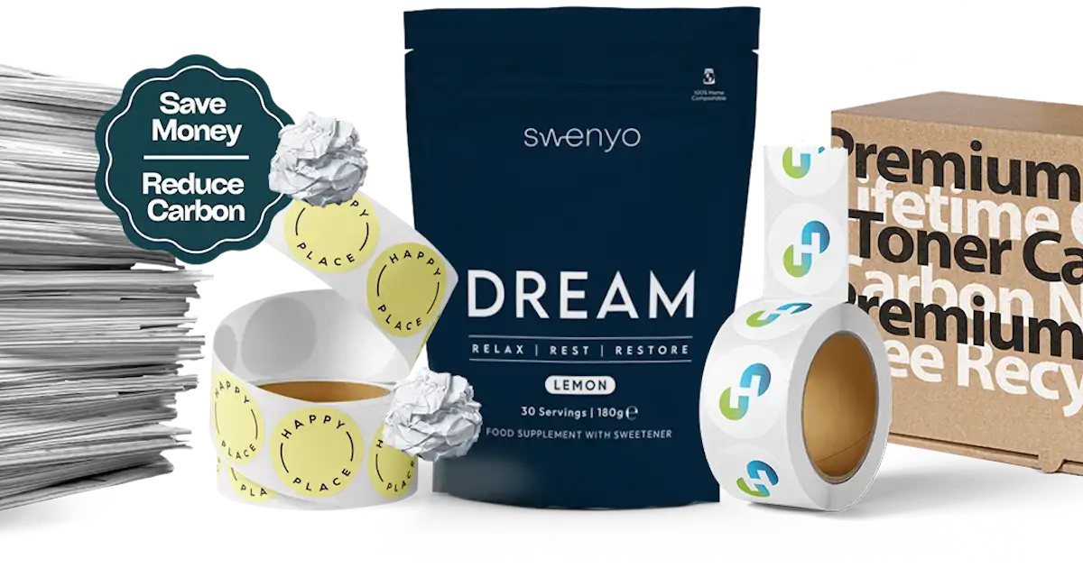 Tableau of Eco Group products including labels, pouches, toners and signs.