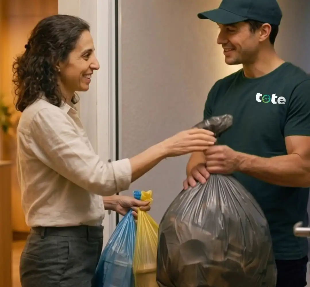 TOTE courier collecting recycling and waste bags from an apartment resident.