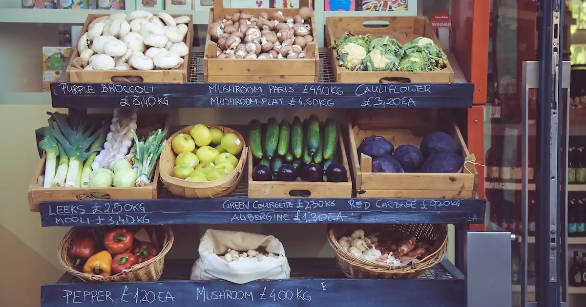 Vegetables outside of a grocery store in the UK